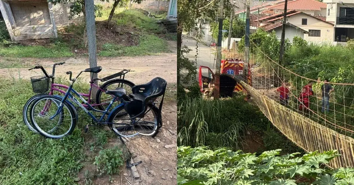 Queda de ponte em São João Batista deixa feridos Bicicletas encostadas em um terreno com um caminhão de bombeiros e pessoas próximas a uma ponte de arame.
