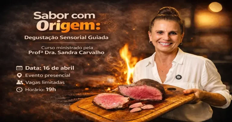 Pedaços de carne sobre uma tábua de madeira, com fundo de chamas e detalhes do evento sobre degustação sensorial guiada.