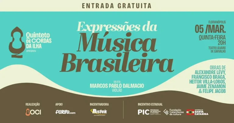 Cartaz do evento "Expressões da Música Brasileira", com informações sobre data, horário, local e entrada gratuita.