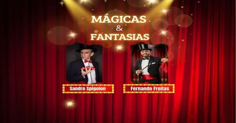 Dois mágicos em trajes formais, um com bolas vermelhas e o outro com um lenço vermelho, contra fundo de cortinas vermelhas.