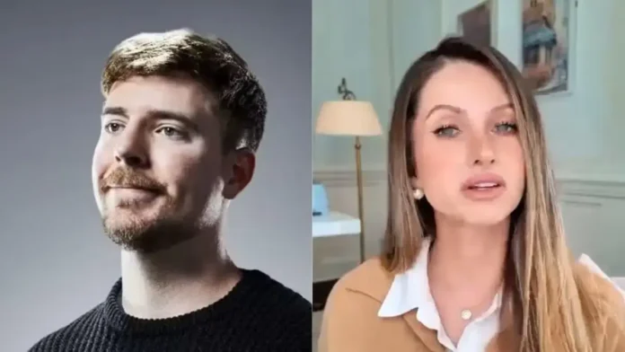 Duas pessoas estão apresentadas lado a lado, uma à esquerda com cabelo curto e a outra à direita com cabelo longo, falando em um ambiente interno.