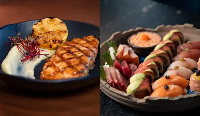 Prato com filé grelhado, limão caramelizado, purê e guarnição, ao lado de uma variedade de sushi colorido.