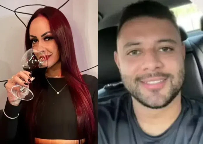Mulher segurando taça de vinho tinto com cabelo longo e vermelho ao lado de homem sorrindo no carro.