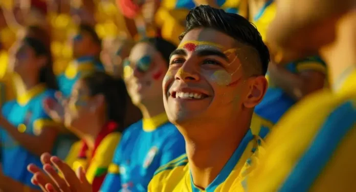 Torcedor sorridente com pintura facial colorida, rodeado por outros torcedores em estádios.