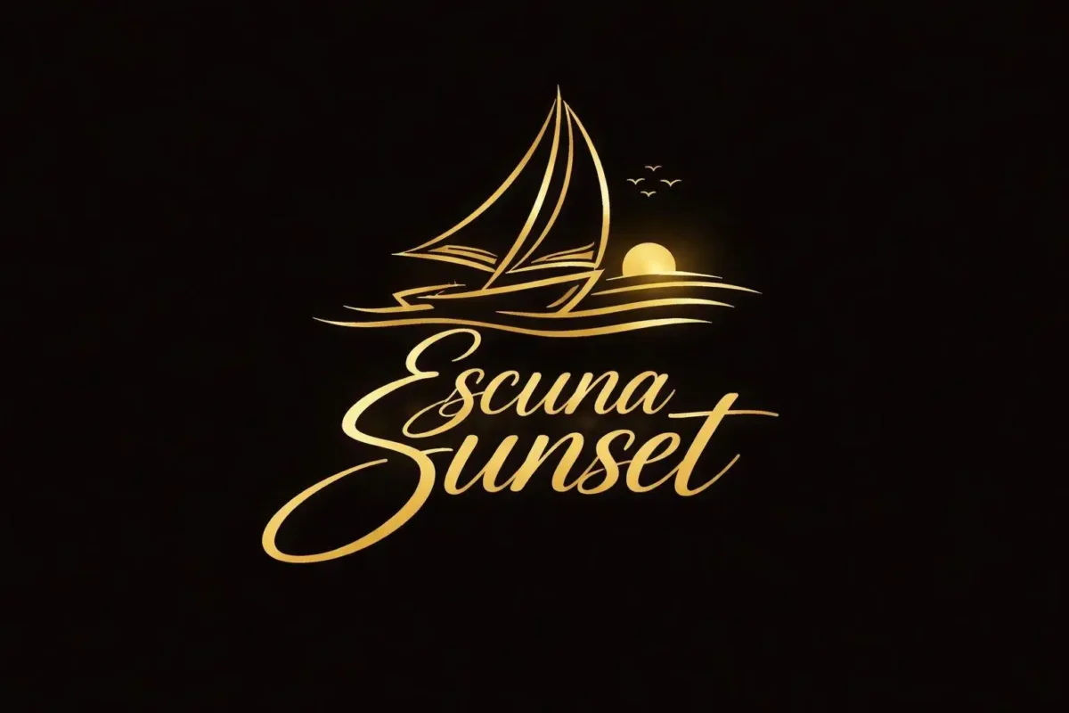 Logotipo do Escuna Sunset com uma vela e sol ao fundo, em tons dourados sobre fundo preto.