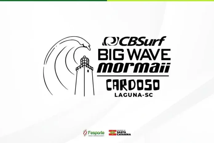Logotipo do evento Big Wave Mormaii, destacando um farol, ondas e informações sobre Cardoso, Laguna-SC.