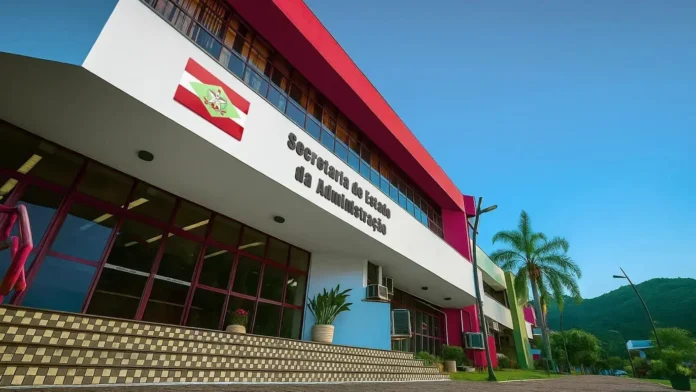 Fachada de um edifício com o texto "Secretaria de Estado da Administração" e bandeira exposta.