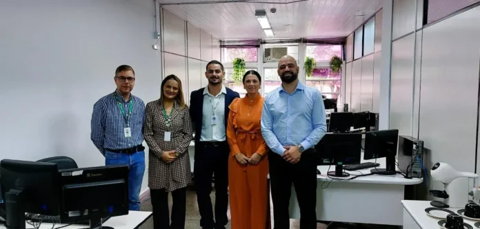 Grupo de cinco pessoas em ambiente de escritório, posando em frente a computadores e planta na janela.