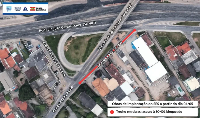 Mapa mostrando o trecho da Rodovia José Carlos Daux com acesso à Rodovia João Paulo, indicando obras de implantação do Sistema de Esgotamento Sanitário.