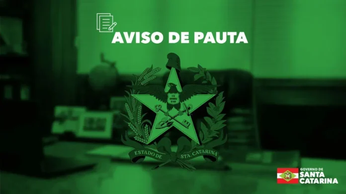 AVISO DE PAUTA em destaque no topo, com o brasão do Estado de Santa Catarina e fundo verde.