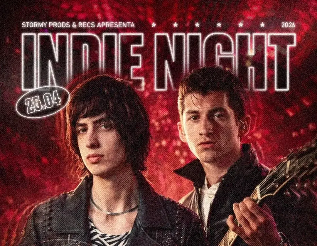 Dois músicos em destaque em um cartaz, com fundo vermelho e texto sobre o evento "Indie Night", data 25.04.