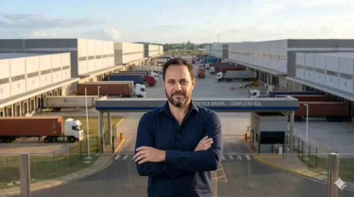 Homem de braços cruzados em primeiro plano, com centro logístico e caminhões ao fundo. Texto legível: "LOGÍSTICA BRASIL - COMPLEXO SUL".