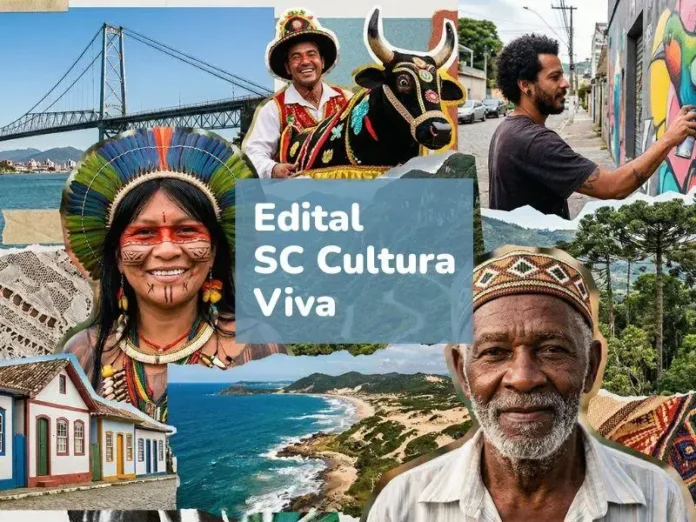 Diversas pessoas em atividades culturais, paisagens de SC, e texto sobre o Edital SC Cultura Viva.