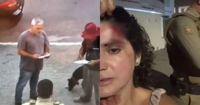 Dois homens conversando na rua, um deles com papéis na mão; à direita, mulher com lesões visíveis no rosto.