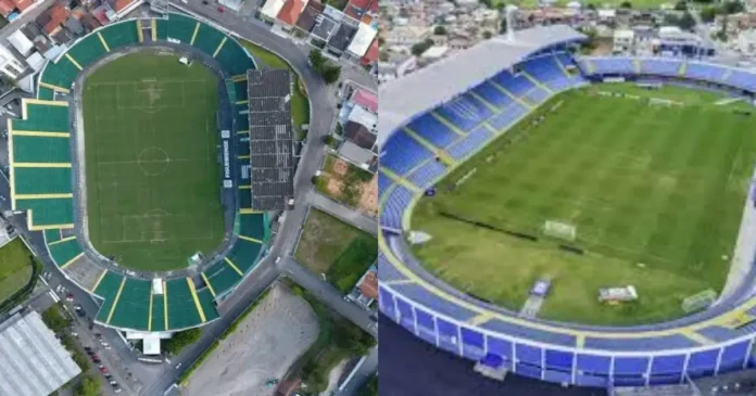 Duas vistas aéreas de estádios de futebol, um com arquibancadas verdes e o outro com arquibancadas azuis.
