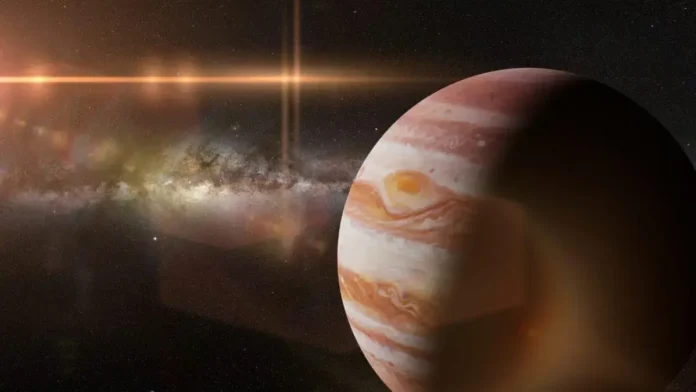 Planeta Júpiter com suas faixas de nuvens visíveis, contra um fundo estrelado da galáxia.