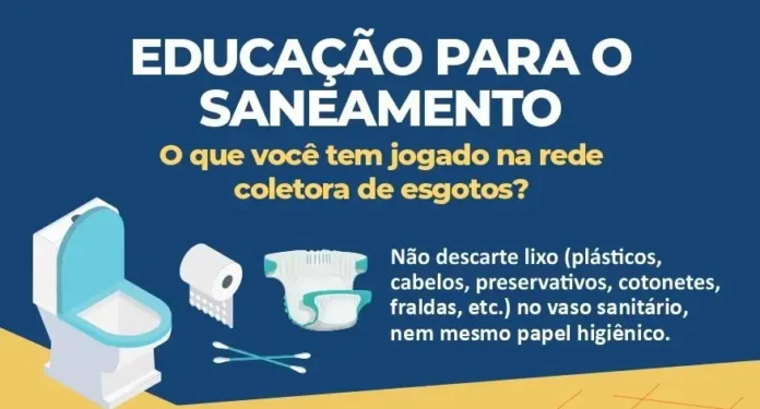 Ilustração de um vaso sanitário, itens como fralda e papel higiênico, com texto sobre descarte inadequado na rede de esgotos.