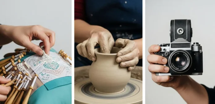 Mãos realizando diferentes atividades artísticas: renda de bilro, modelagem de cerâmica e segurando uma câmera fotográfica.