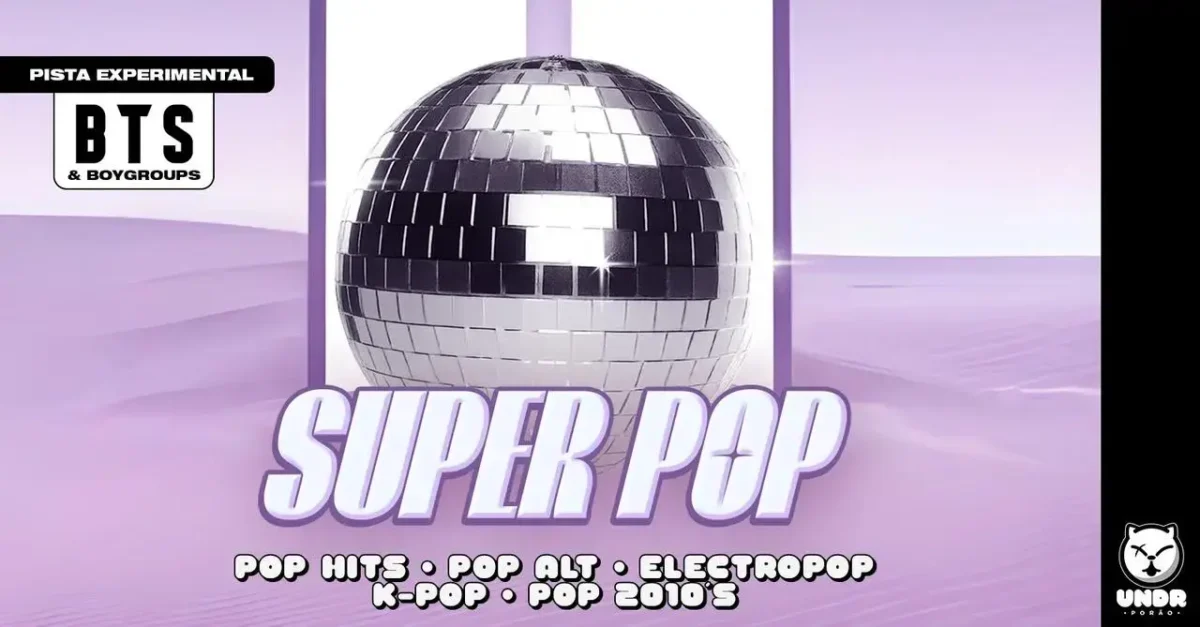 Pista Experimental com disco de luz refletindo, texto "SUPER POP" e gêneros musicais como K-pop e pop hits.