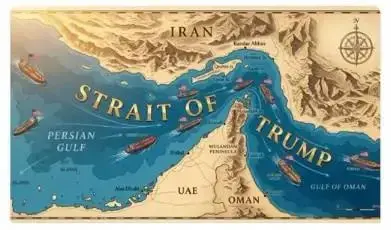 Mapa do Estreito de Trump, destacando navios e a localização no Golfo Pérsico próximo ao Irã e Omã.