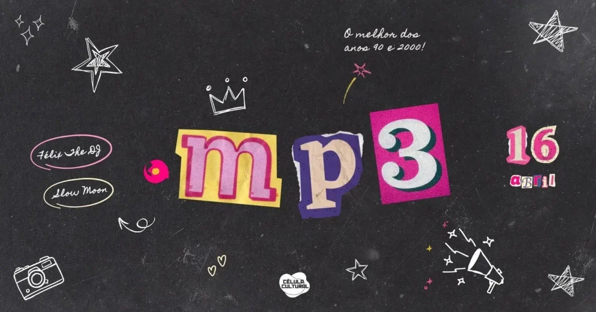 Cartaz com informações sobre evento musical, destacando "mp3", data "16 abril" e nomes de DJs em estilo gráfico colorido.