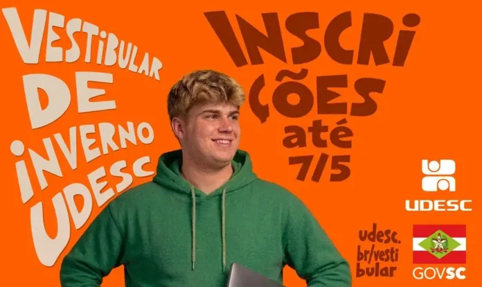 Vestibular de Inverno Udesc, inscrições até 7/5, com fundo laranja e texto em destaque.