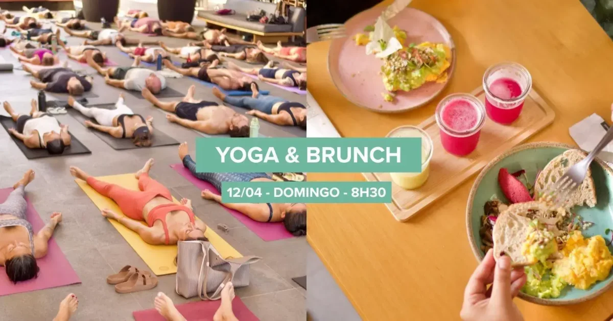 Prática de yoga em grupo com participantes deitados em colchonetes, seguida de brunch com pratos e bebidas em uma mesa.