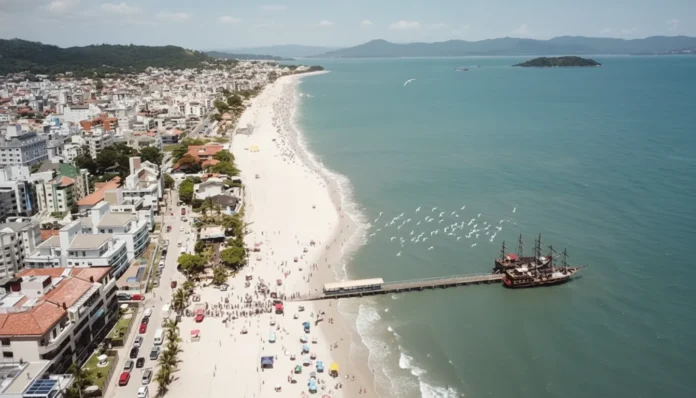 Praia de Canasveiras com sol radiante e mar tranquilo em maio