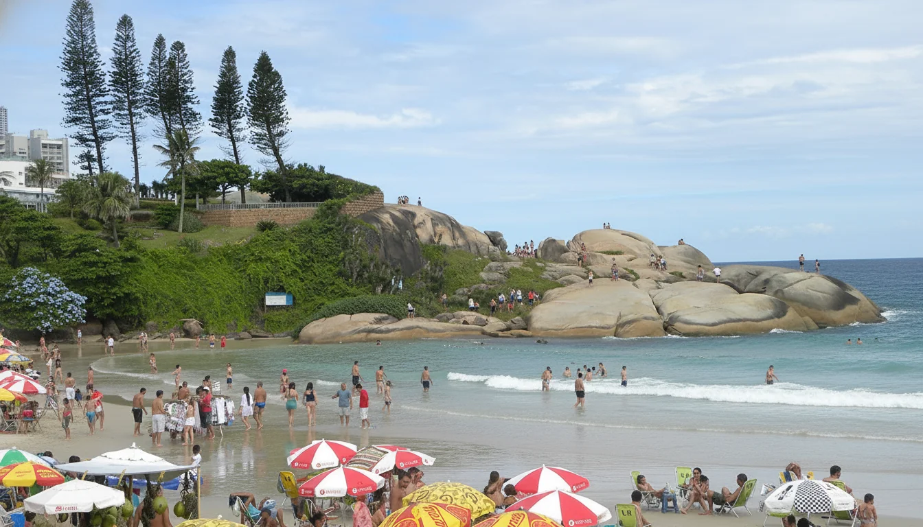 Turistas em Canasvieiras enfrentando o impacto da ressaca no mar