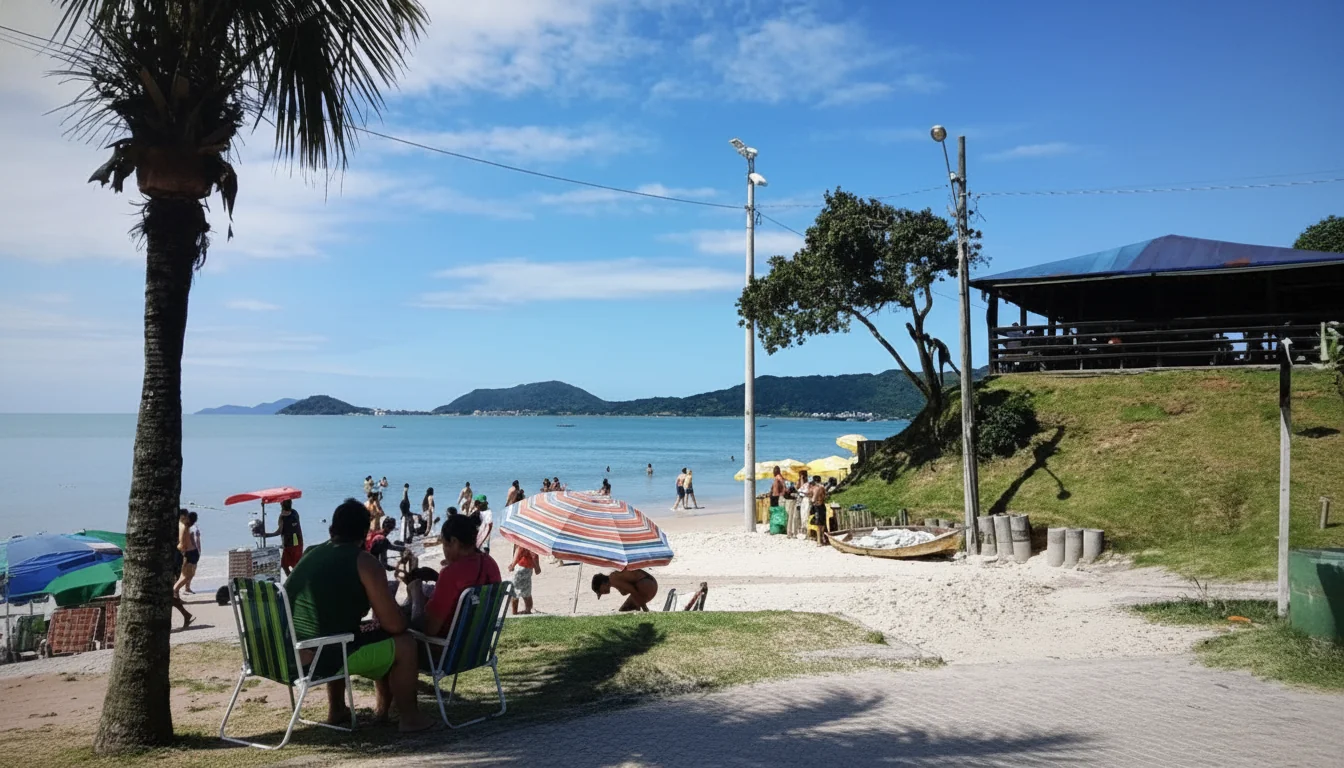 Praia de Canasvieiras em dia de mar agitado e chuvas intensas