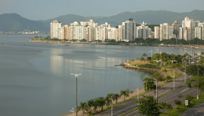 Florianópolis sob céu nublado, retratando os impactos das mudanças climáticas