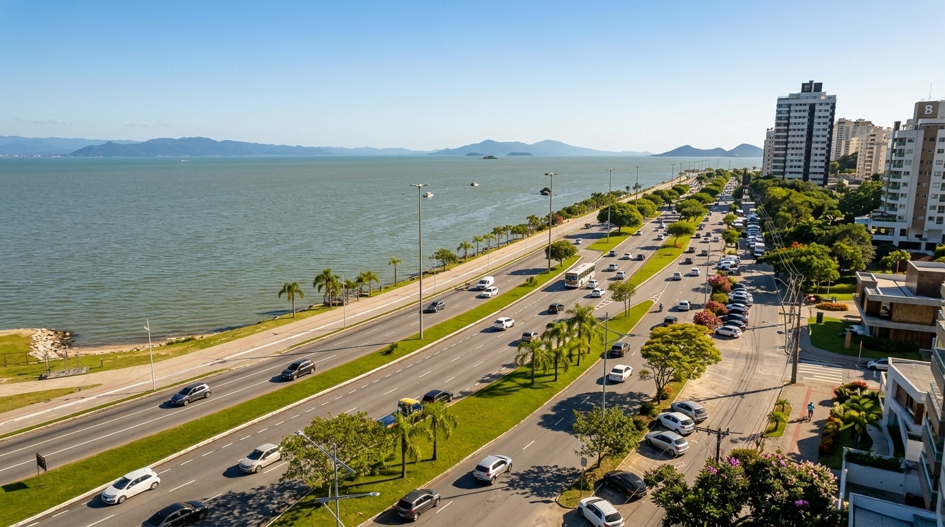 Vista da orla de Florianópolis, destacando a preocupação com eventos climáticos extremos