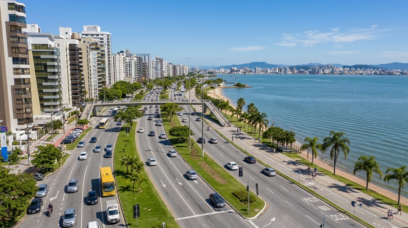 Vista do trapiche em Florianópolis, restrições de acesso em destaque