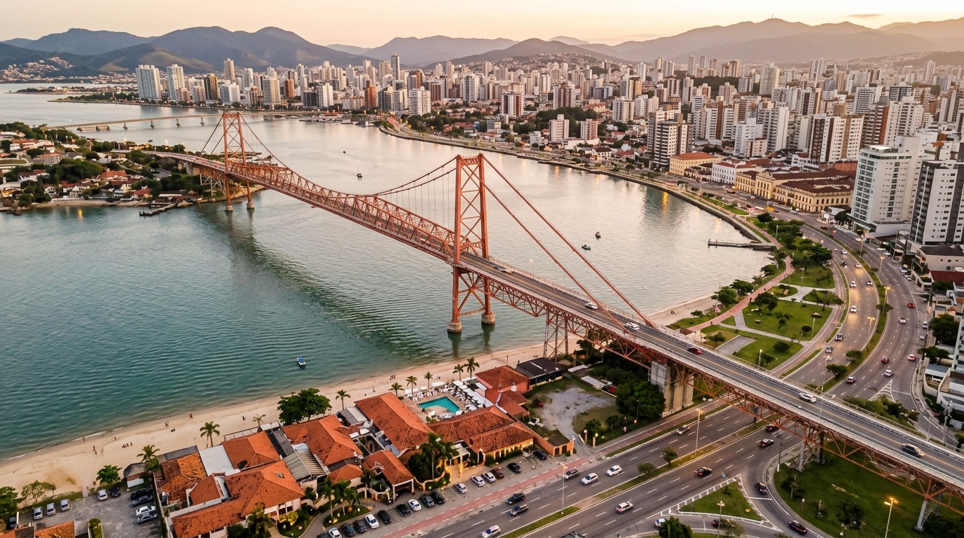 Vista aérea de Florianópolis destacando áreas verdes do novo plano de arborização
